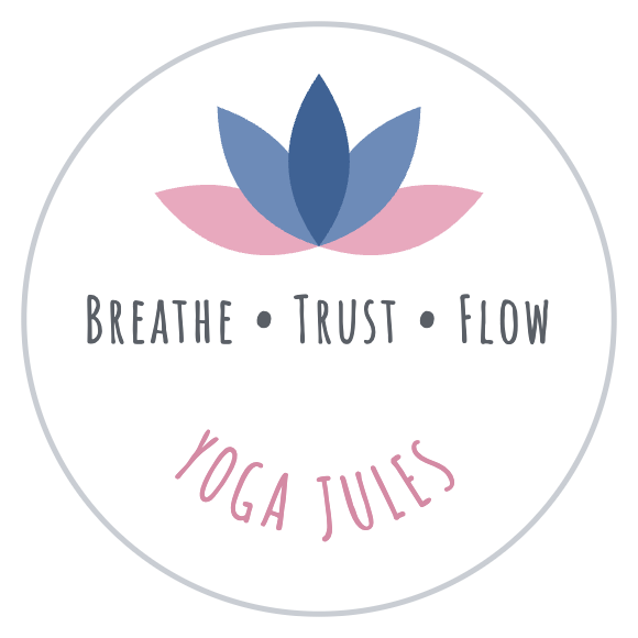 Yoga Jules logo: a blue and pink lotus with the words Breathe, Trust, Flow